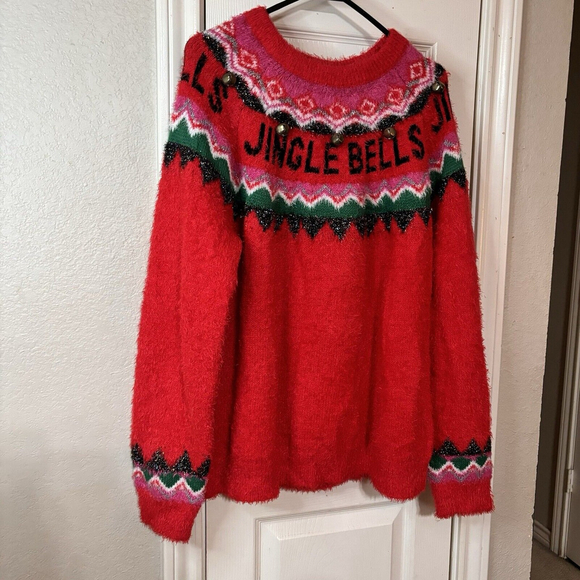 Women's Red Christmas Holiday Pullover Sweater with Jingle Bell Design Large - Picture 2 of 8